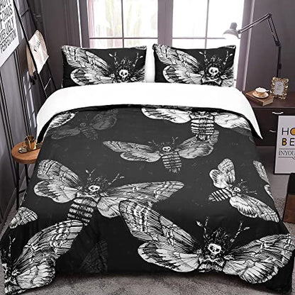  Zhh Death Moth Skull Duvet Cover 3Pcs Queen Size Black Gothic Bedding Soft Microfiber Fashion Printed Skeleton Comforter Cover (1 X Quilt Cover, 2 X Pillowcases)