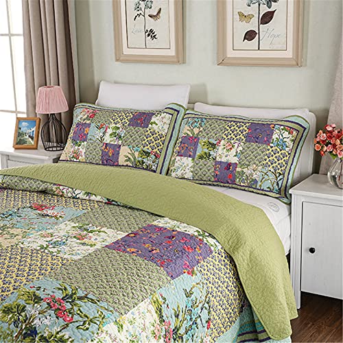  ABREEZE Lavender Green Comforter King Luxury Quilt Set Frosted Pastel Gardenia Bohemian Cotton Patchwork Quilted Coverlet Bedspread Set Green Purple Quilt King Patchwork Quilt