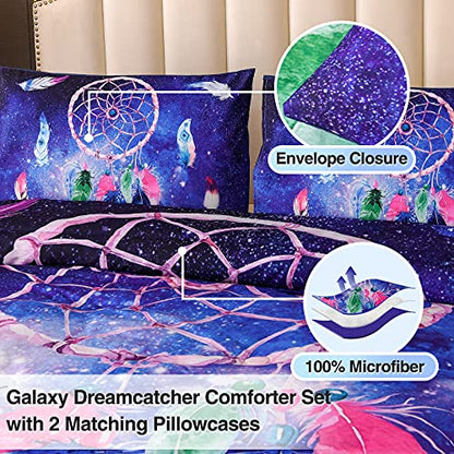  A Nice Night Galaxy Dreamcatcher Feathers,Like Dancing In The Air Printed, Boho Chic Bohemian Design, Dream Catcher Quilt Comforter Set (Blue, Queen(88-by-88-inches))