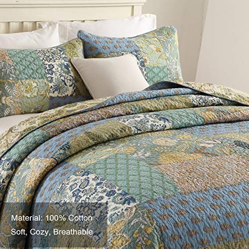  MaiuFun Cotton Bedspread Quilt Sets Queen/Full Size, Reversible Bohemian Floral Patchwork With Real Stitched Plaid Patterns, 3-Piece Bedding Coverlet For All Season (1 Quilt + 2 Pillow Shams)