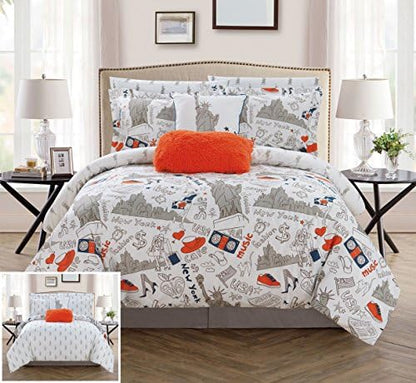  Chic Home Liberty 9 Piece Reversible Comforter New York Inspired Printed Design Bed In A Bag-Sheet Set Decorative Pillows Shams Included Size, Queen, Purple