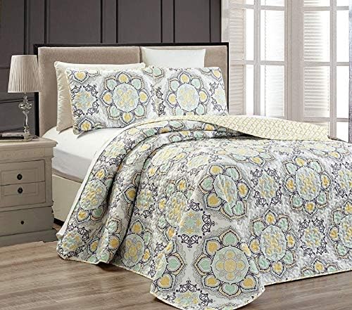 King/California King 3pc Reversible Oversized Bedspread Set Medallion Print Navy Blue White Teal Aqua Taupe New
