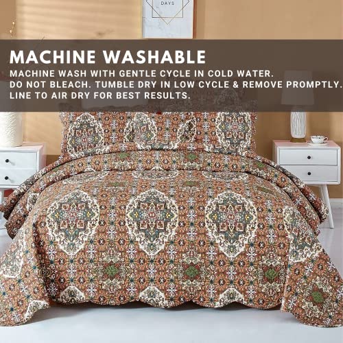  DaDa Bedding Earthy Cross Motif Folk Bedspread - Cozy Arabian Moroccan Ogee Rustic Antique Style Quilted Coverlet Set - Scalloped Edges Warm Tones Burnt Orange Brown Olive Green - Cal King - 3-Pieces