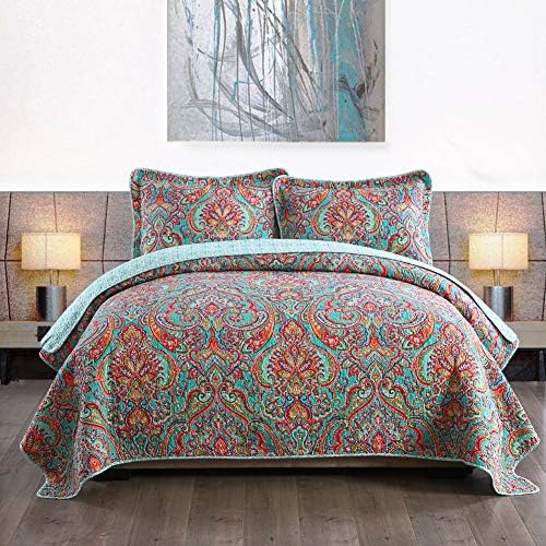  NEWLAKE Cotton Bedspread Quilt Sets-Reversible Patchwork Coverlet Set, European Gorgeous Floral Pattern, King Size