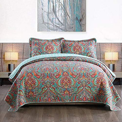  NEWLAKE Cotton Bedspread Quilt Sets-Reversible Patchwork Coverlet Set, European Gorgeous Floral Pattern, King Size