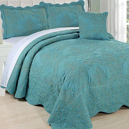  Home Soft Things Damask 4 Piece Bedspread Set,Scalloped Edge Reversible Quilt Coverlet Comforter Prewashed Bedding Set, Matelasse Embossed Floral Solid Pattern,Lavender Fog Oversize King(120" X 120")