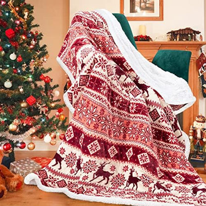  Sherpa Christmas Throw Blanket For Adults, Fleece Flannel Holiday Blankets And Throws, Cozy Warm Fuzzy Fluffy Soft Throw Blankets For Couch Bed, Gifts For Women Men & Kids(51" X 63", Red)
