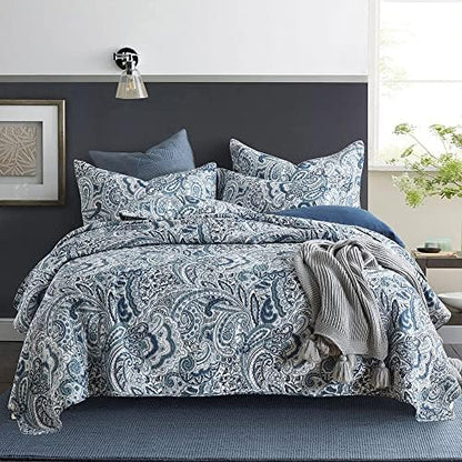 Autumn Dream Cotton Bedspread Quilt Sets, 3 Pieces Reversible Comforter Coverlet Sets,Blue Floral Paisley Bedspread,King Size