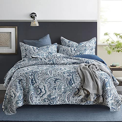  Autumn Dream Cotton Bedspread Quilt Sets, 3 Pieces Reversible Comforter Coverlet Sets,Blue Floral Paisley Bedspread,King Size
