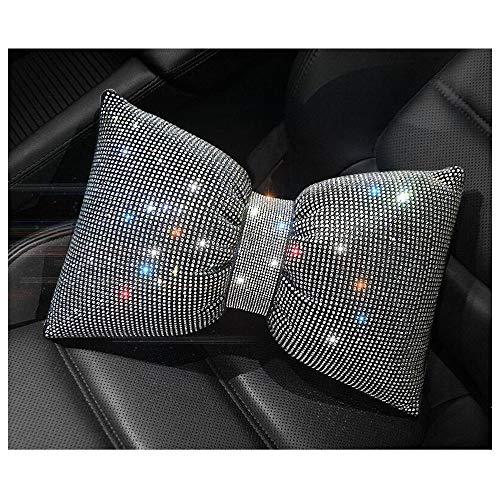  Happyera 1 Pack Bling Bling Rhinestones Bowknot Car Headrest Pillow, Crystal Lumbar Support Pillow, Neck Rest Pillow For Car, Head Neck Support For Pain Relief - White Waist Pillow