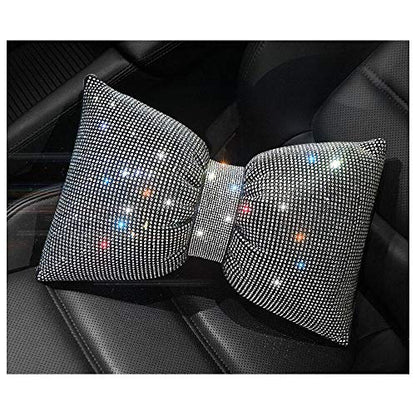  Happyera 1 Pack Bling Bling Rhinestones Bowknot Car Headrest Pillow, Crystal Lumbar Support Pillow, Neck Rest Pillow For Car, Head Neck Support For Pain Relief - White Waist Pillow