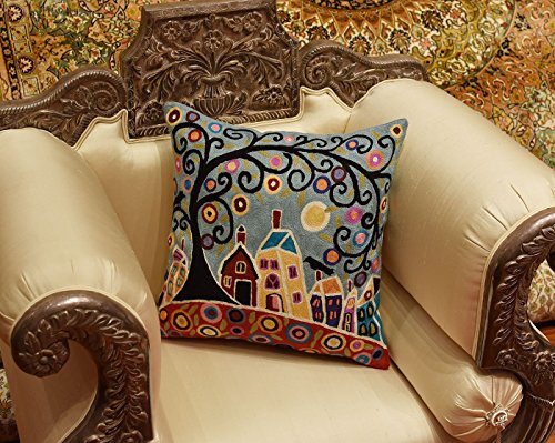  Kashmir Designs Turquoise Tree Of Life Throw Pillow Cover | Karla Gerard Bird Pillows | Blue Flower Pillows | Plant Floral Chair Cushion | Flower Couch Pillow | Hand Embroidered Wool Size - 18x18