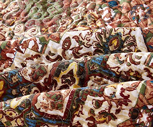  DaDa Bedding Earthy Cross Motif Folk Bedspread - Cozy Arabian Moroccan Ogee Rustic Antique Style Quilted Coverlet Set - Scalloped Edges Warm Tones Burnt Orange Brown Olive Green - Cal King - 3-Pieces
