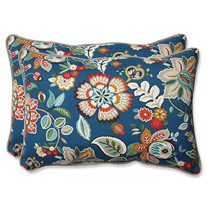  Pillow Perfect Floral Outdoor Throw Accent Pillow, Plush Fill, Weather, And Fade Resistant, Large Lumbar - 16.5" X 24.5", Blue/Tan Telfair, 2 Count
