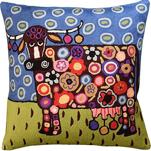  Kashmir Designs Turquoise Tree Of Life Throw Pillow Cover | Karla Gerard Bird Pillows | Blue Flower Pillows | Plant Floral Chair Cushion | Flower Couch Pillow | Hand Embroidered Wool Size - 18x18