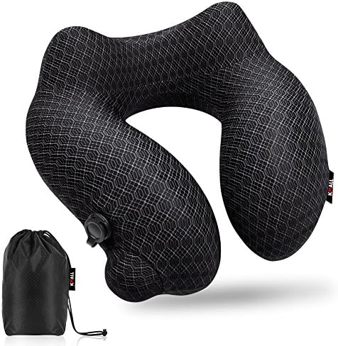  Kmall Inflatable Travel Neck Pillow For Airplane Travel Best Neck Support Sleep Travel Pillow With Super Comfort Pillow Case, Gray, 11.5x11.2x5.1 Inches