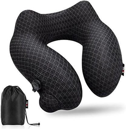  Kmall Inflatable Travel Neck Pillow For Airplane Travel Best Neck Support Sleep Travel Pillow With Super Comfort Pillow Case, Gray, 11.5x11.2x5.1 Inches