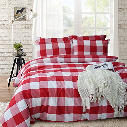  Cotton Duvet Cover Set, 100% Cotton Yarn Dyed Plaid Check Duvet Cover With 2 Pillowshams - Full/Queen Red