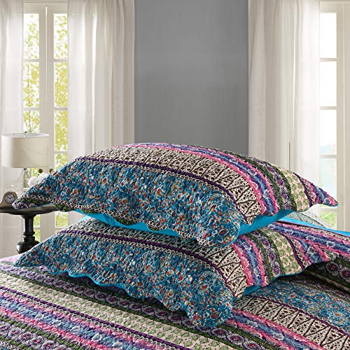  MaiuFun Cotton Bedspread Quilt Sets Queen/Full Size, Retro Blue/Purple Classical Striped Bohemian Floral Patchwork Patterns, 3-Piece Bedding Coverlet For All Season (1 Quilt + 2 Pillow Shams)