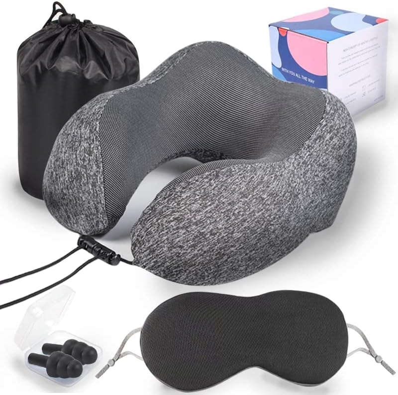  Levcoecam Travel Neck Pillow,Memory Foam Neck Pillow,Comfortable & Breathable Cover, Portable Airplane Travel Kit With 3D Contoured Eye Masks, Earplugs, And Luxury Bag (Pink)