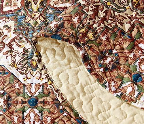 DaDa Bedding Earthy Cross Motif Folk Bedspread - Cozy Arabian Moroccan Ogee Rustic Antique Style Quilted Coverlet Set - Scalloped Edges Warm Tones Burnt Orange Brown Olive Green - Cal King - 3-Pieces