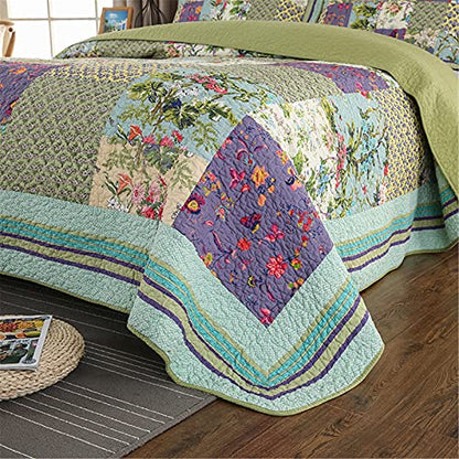  ABREEZE Lavender Green Comforter King Luxury Quilt Set Frosted Pastel Gardenia Bohemian Cotton Patchwork Quilted Coverlet Bedspread Set Green Purple Quilt King Patchwork Quilt