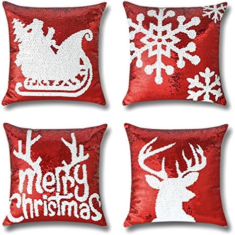 OTOSTAR Christmas Sequin Throw Pillow Covers 18x18 Inch Sparkle Decorative Pillowcases Magic Red Cushion Cover For Party Christmas Couch In-Outdoor Home Decor (Merry Christmas 5 Packs)