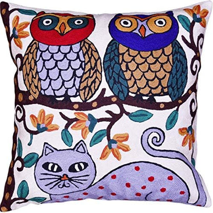  Kashmir Designs Cat Pillow Cover | Kitty Accent Pillow | Modern Cats Cushion | Colorful Cat Pillows | Cat Face On Pillow | Cat Lover Gift | Hand Embroidered Cushions | Wool Size - 18x18