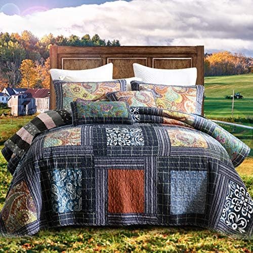  NEWLAKE Bohemian Floral Pattern Bedspread Quilt Set With Real Stitched Embroidery,Queen Size