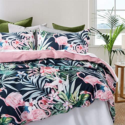  Eikei Palm Leaves Duvet Cover And Pillowcases Set Tropical Exotic Island Flowers Trees Branches Paradise Birds Bedding Jungle Plants Modern Botanical Print Long Staple Cotton (Pine Green, King)