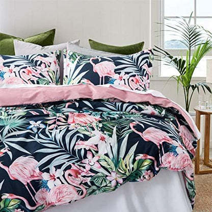  Eikei Palm Leaves Duvet Cover And Pillowcases Set Tropical Exotic Island Flowers Trees Branches Paradise Birds Bedding Jungle Plants Modern Botanical Print Long Staple Cotton (Pine Green, King)