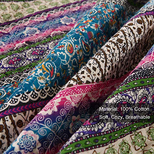 MaiuFun Cotton Bedspread Quilt Sets Queen/Full Size, Retro Blue/Purple Classical Striped Bohemian Floral Patchwork Patterns, 3-Piece Bedding Coverlet For All Season (1 Quilt + 2 Pillow Shams)