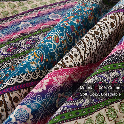  MaiuFun Cotton Bedspread Quilt Sets Queen/Full Size, Retro Blue/Purple Classical Striped Bohemian Floral Patchwork Patterns, 3-Piece Bedding Coverlet For All Season (1 Quilt + 2 Pillow Shams)
