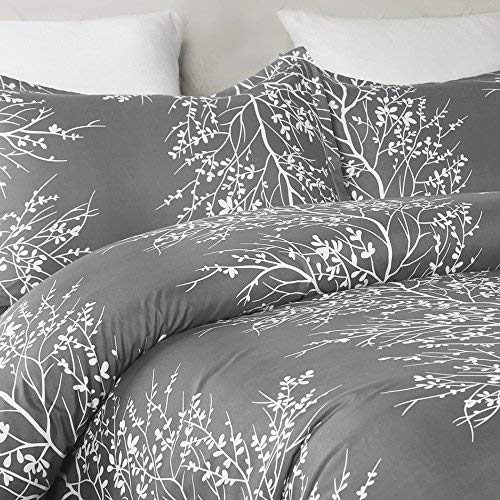  Lightweight Microfiber Duvet Cover Set, Grey And White Floral Branches Printed Pattern - King Size 3-Piece Set (1 Duvet Cover 2 Pillowcases)