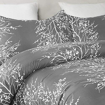  Lightweight Microfiber Duvet Cover Set, Grey And White Floral Branches Printed Pattern - King Size 3-Piece Set (1 Duvet Cover 2 Pillowcases)