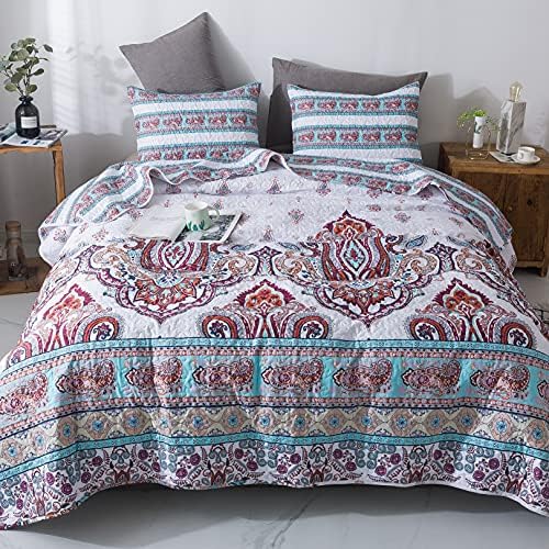  Hemian Reversible Cozy Paisley Floral Bedspread Set - Bright Buta Folky Vibrant Colorful Coverlet - Turquoise Blue Red Orange With White Background - Cal King - 3-Pieces