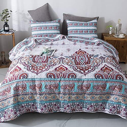  Hemian Reversible Cozy Paisley Floral Bedspread Set - Bright Buta Folky Vibrant Colorful Coverlet - Turquoise Blue Red Orange With White Background - Cal King - 3-Pieces