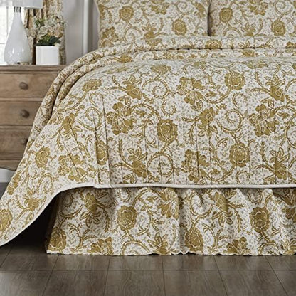  Dorset, Farmhouse Bed Skirt Dust Ruffle, Floral, Queen, Gold, 60x80x16