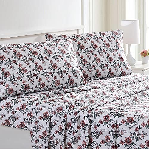  Modern Threads Soft Microfiber Rose Printed Sheets - Luxurious Microfiber Bed Sheets - Includes Flat Sheet, Fitted Sheet With Deep Pockets, & Pillowcases