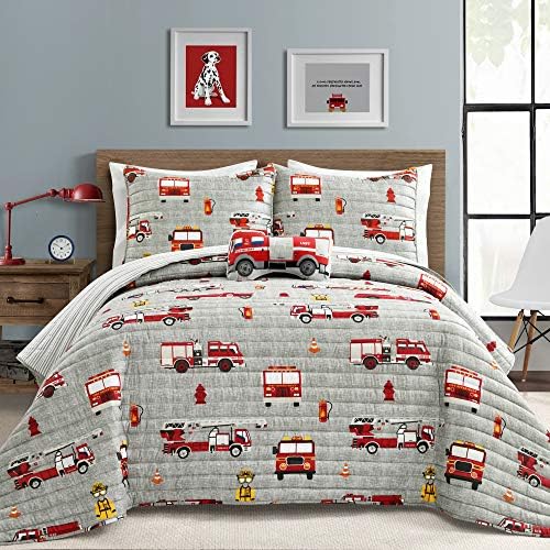  Make A Wish Fire Truck Red & Gray Reversible Print 3 Piece Quilt Set, Twin