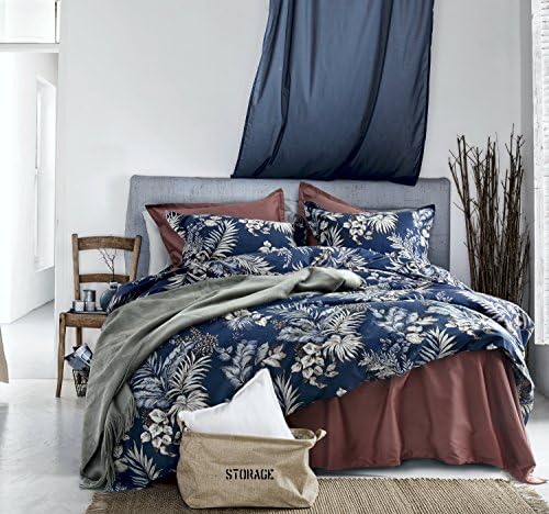  Eikei Midnight Blue Botanical Print Duvet Quilt Cover Egyptian Cotton Bedding Set Modern Luxury Minimal Palm Leaf Dark Charcoal Navy Ocher Floral Watercolor Design 120x98 (Mustard Yellow, Super King)