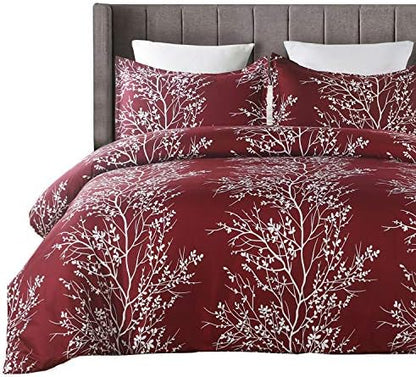  Lightweight Microfiber Duvet Cover Set, Grey And White Floral Branches Printed Pattern - King Size 3-Piece Set (1 Duvet Cover 2 Pillowcases)