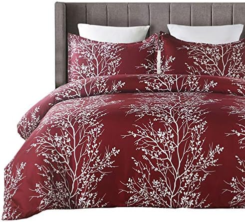  Lightweight Microfiber Duvet Cover Set, Grey And White Floral Branches Printed Pattern - King Size 3-Piece Set (1 Duvet Cover 2 Pillowcases)