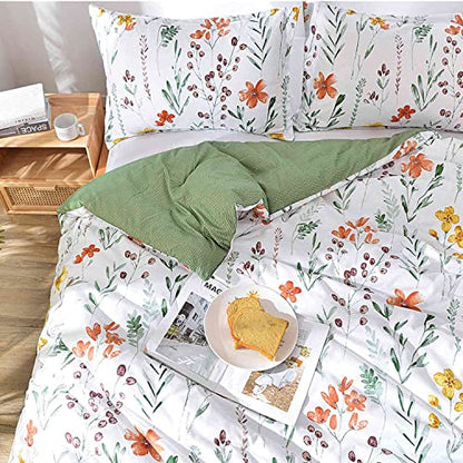  Loral Duvet Cover Queen Size - White Yellow Flowers And Green Leaf Spring Botanical Printed Microfiber Comforter Cover Set - 3PC 90X90 Soft And Lightweight Quilt Cover, Farmhouse Style For Women Men