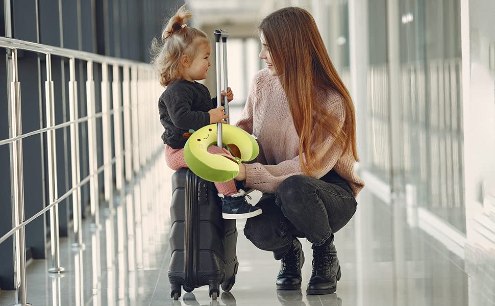  Niuniu Daddy Neck Pillow For Kids, Teens - Travel Accessories For Airplane, Car, Recline - Neck, Chin, Head Support - 100% Pure Memory Foam Insert And Cute Avocado Plush Travel Pillow Cover - Washable