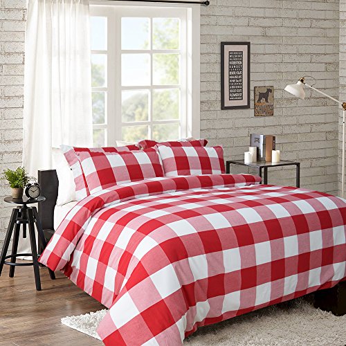  Cotton Duvet Cover Set, 100% Cotton Yarn Dyed Plaid Check Duvet Cover With 2 Pillowshams - Full/Queen Red