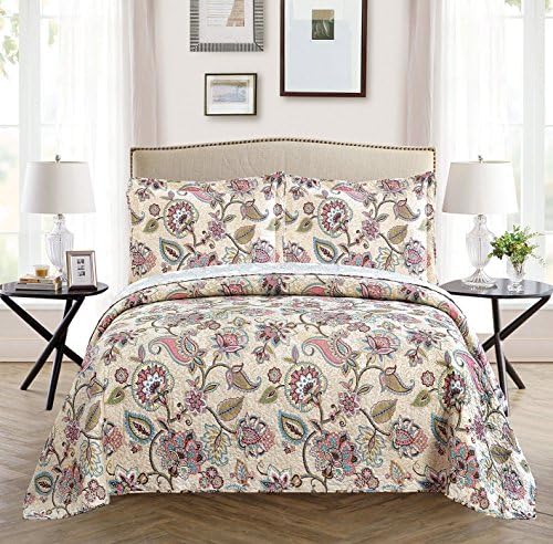  2 Piece New Printed Modern Floral Bedspread Coverlet, Twin, Beige