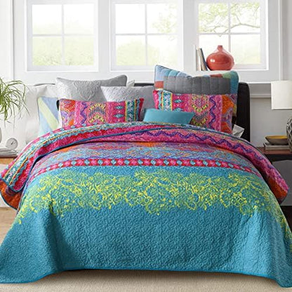  Quilt Throw Blanket - Lightweight Microfiber Pink And Blue Striped Floral Boho Quilts, Reversible Bohemian Quilt Bed Spread For Twin Bed And Couch, 59” X 79”