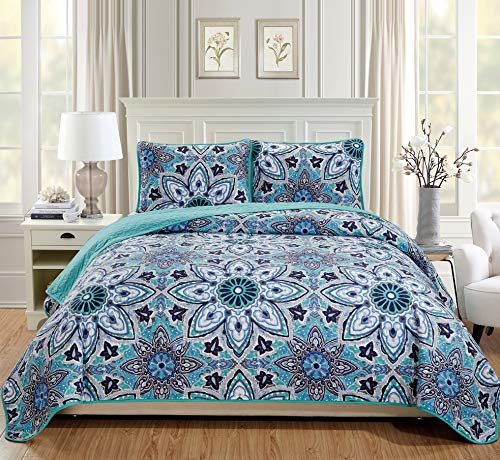  MK Home 3pc King/California King Oversized Quilted Bedspread Coverlet Set Floral Turquoise White Grey New