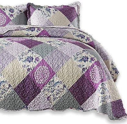  ENJOHOS Quilts Queen Size Queen Quilt Set Grey Quilt Bedspread Reversible Patchwork Floral Coverlet Set, Lightweight Country Quilts Bedding Set With 2 Pillow Shams（Grey Flower Plaid2）
